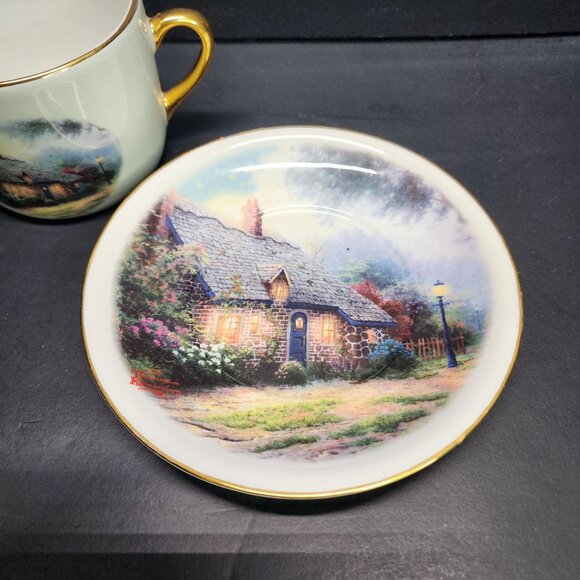 Thomas Kinkade Coffee Tea Cup Saucer Moonlight Cottage Painted Gold Trim SET - Picture 3 of 10